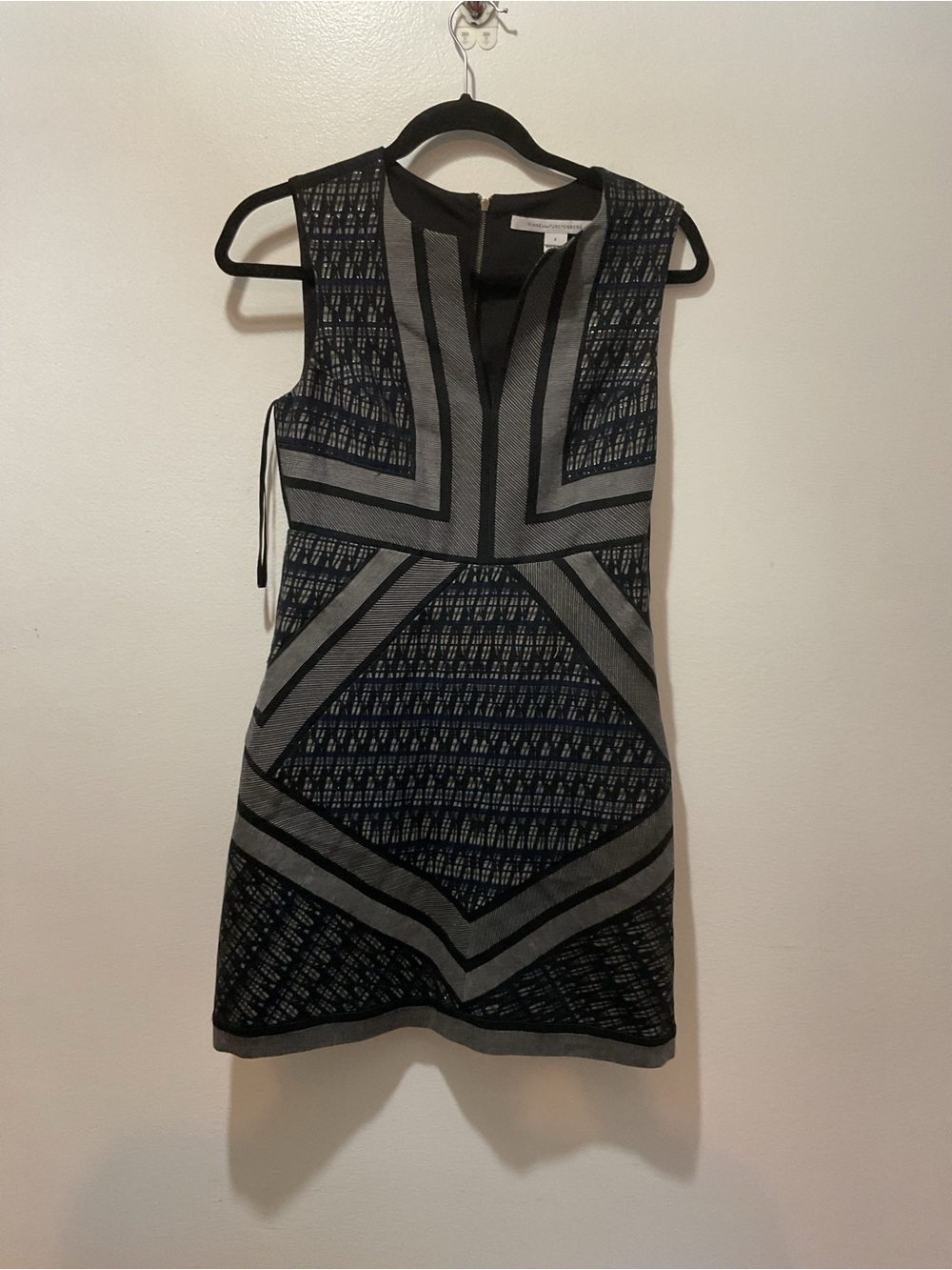 DVF Anissa Sleeveless Black and Gray Geometric Mini Dress